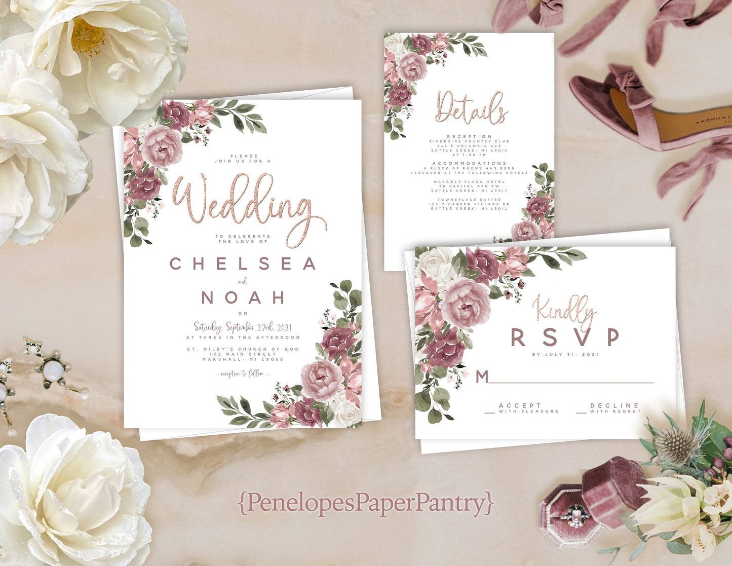 Elegant Mauve Floral Summer Wedding Invitation Personalized Dusty Rose Blush Roses Calligraphy Shimmery Printed Invitation Envelope Included