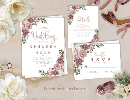 Elegant Mauve Floral Summer Wedding Invitation Personalized Dusty Rose Blush Roses Calligraphy Shimmery Printed Invitation Envelope Included