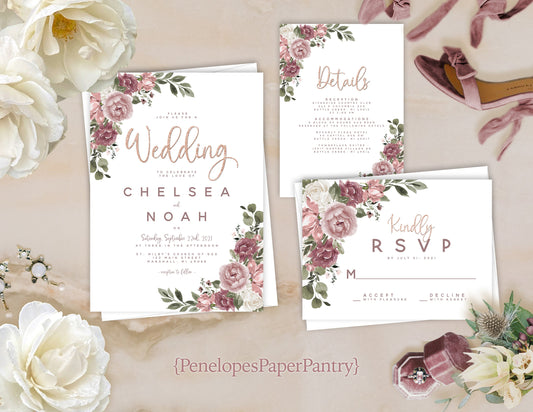 Elegant Mauve Floral Summer Wedding Invitation Personalized Dusty Rose Blush Roses Calligraphy Shimmery Printed Invitation Envelope Included