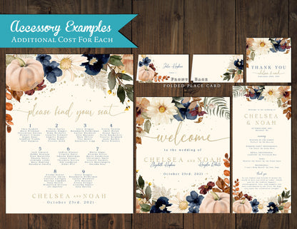 Blue and Ivory Florals on Cream Background Fall Wedding Invitation, Set, or Suite