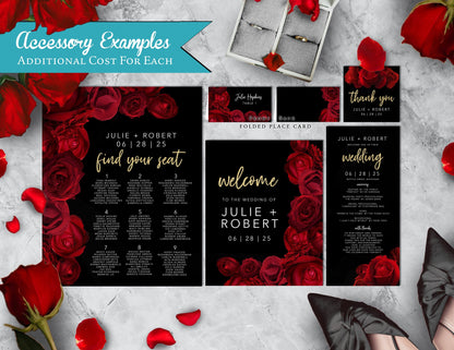 Red Florals with Black Background Rose Wedding Invitation, Set, or Suite