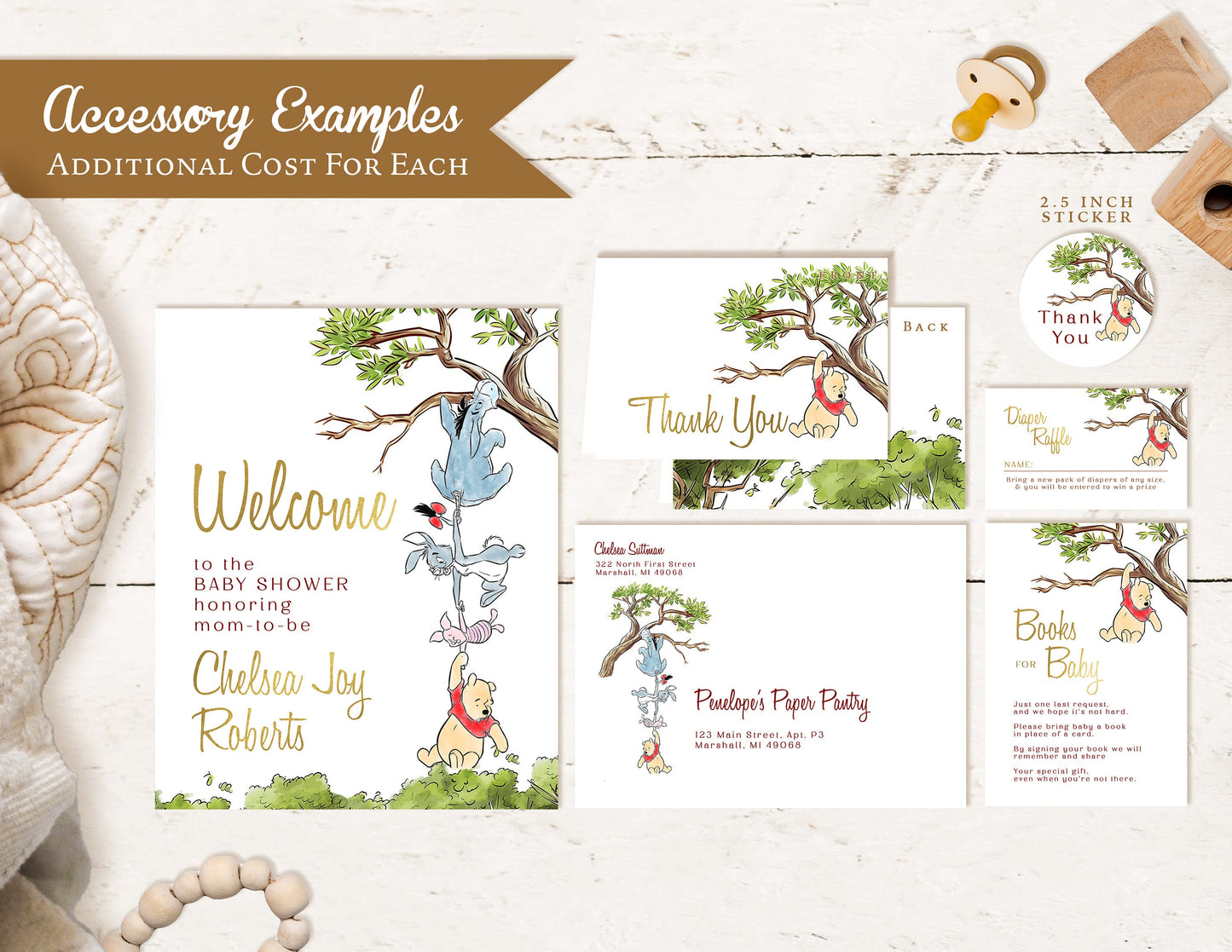 Winnie the Pooh Gender Neutral Baby Shower Invitation – Personalized Gold Foil Printed Invite with Eeyore, Rabbit & Piglet – Envelopes Included