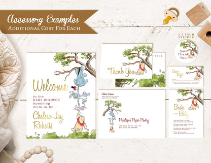 Winnie the Pooh Gender Neutral Baby Shower Invitation – Personalized Gold Foil Printed Invite with Eeyore, Rabbit & Piglet – Envelopes Included