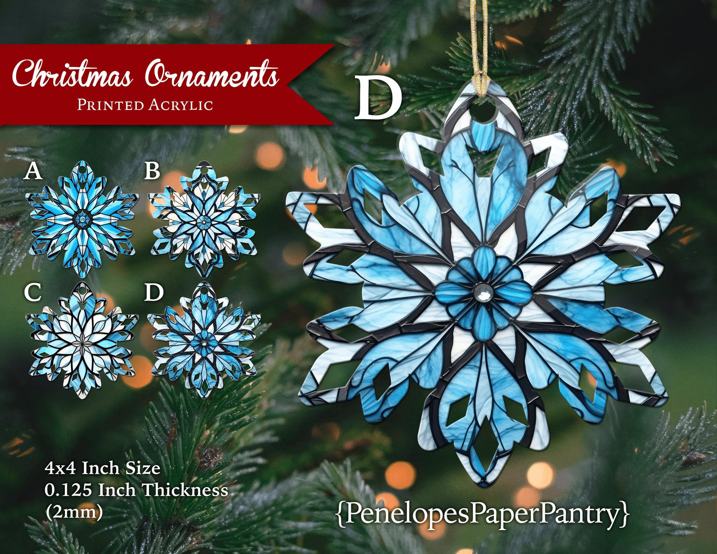 Unique Snowflake Christmas Tree Ornaments Faux Stained Glass Acrylic Four Designs Able To Personalize Gift For Her Gift For Him Keepsake