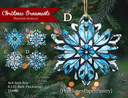 Unique Snowflake Christmas Tree Ornaments Faux Stained Glass Acrylic Four Designs Able To Personalize Gift For Her Gift For Him Keepsake