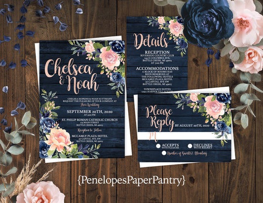 Rustic Navy and Pink Floral Summer Wedding Invitation Personalized Barn Wood Blush Roses Calligraphy Shimmery Printed Invitations Envelopes