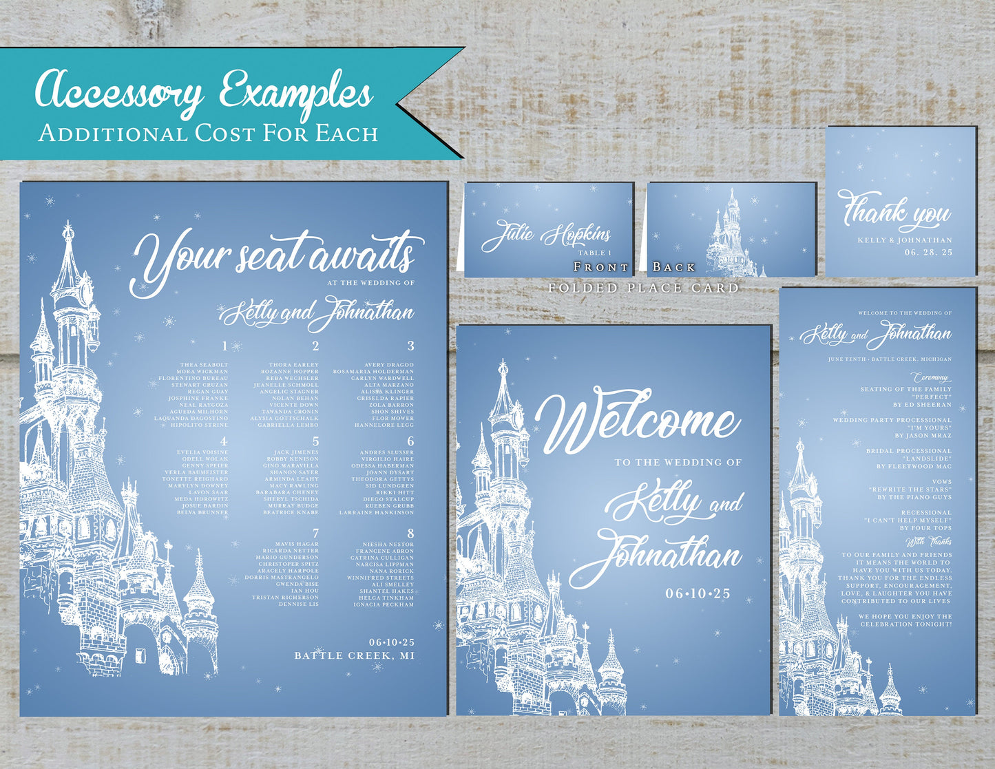 Elegant Fairy Tale Wedding Invitation Personalized Castle Cinderella Blue Happily Ever After Shimmery Printed Invitations Envelopes Included