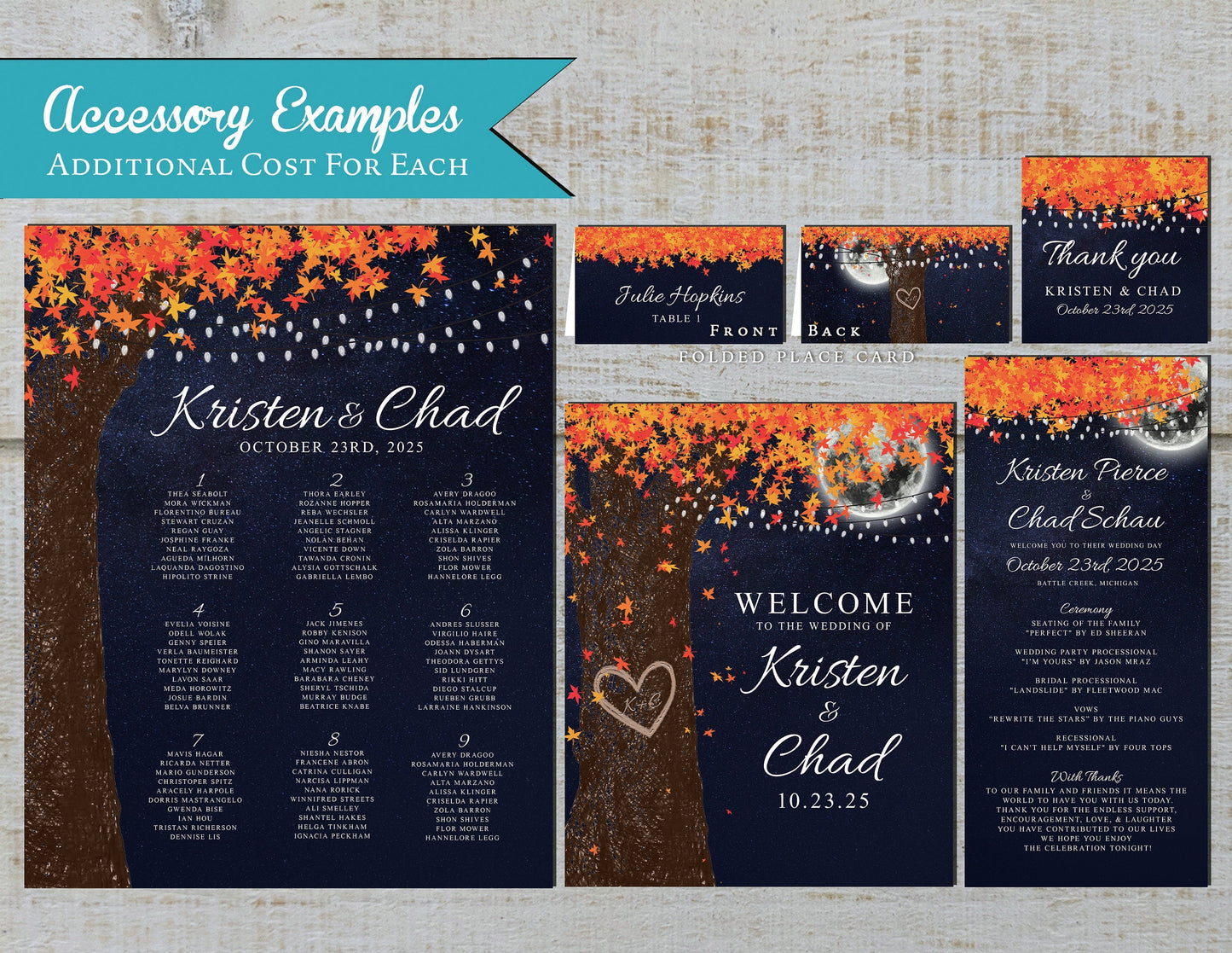 Rustic Fall Wedding Invitation – Navy Night Sky, Full Moon, Oak Tree & Burnt Orange Leaves – Personalized Printed Invitation with Fairy Lights & Envelopes