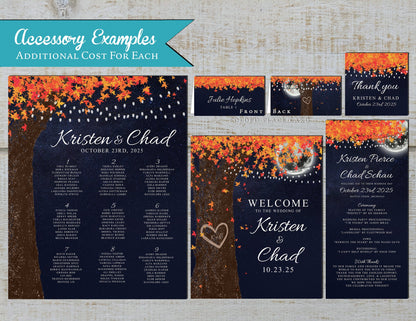 Rustic Fall Wedding Invitation – Navy Night Sky, Full Moon, Oak Tree & Burnt Orange Leaves – Personalized Printed Invitation with Fairy Lights & Envelopes