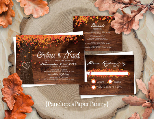 Oak Tree with Orange Leaves with Brown Background Fall Wedding Invitation, Set, or Suite