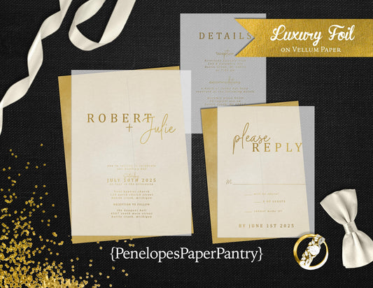 Vellum Typography with Gold Foil Wedding Invitaiton, Set, or Suite