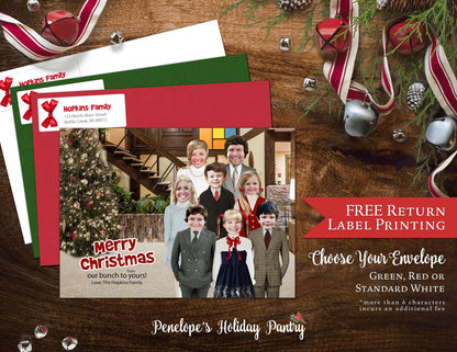 Funny Brady Bunch Christmas Photo Card – Personalized Mike, Carol & Kids Living Room Design – Custom Text, Printed with Envelope & Return Address Label