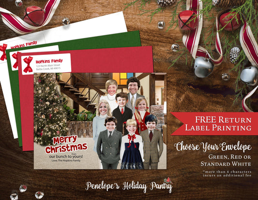 Funny Brady Bunch Christmas Photo Card – Personalized Mike, Carol & Kids Living Room Design – Custom Text, Printed with Envelope & Return Address Label