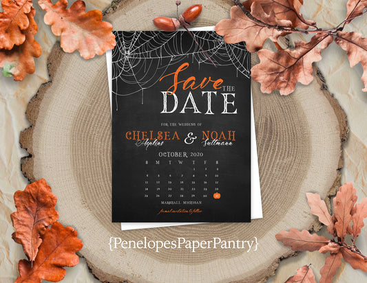 Halloween Orange and Black Spider Web with Calendar Save the Date