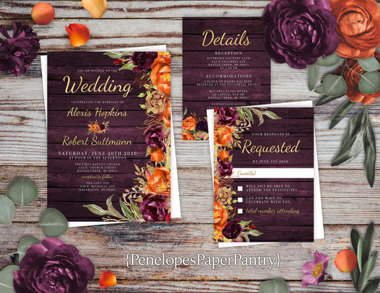 Rustic Purple & Orange Fall Wedding Invitation – Barn Wood, Burnt Orange Roses & Gold Print – Personalized Shimmery Printed Invitations with Envelopes