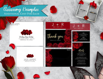 Red Florals with Black Background Rose Wedding Invitation, Set, or Suite