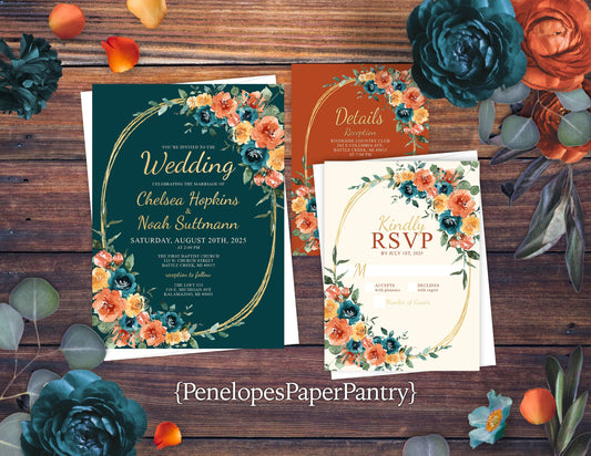 Teal Fall Wedding Invitation – Burnt Orange Ivory Florals & Gold Frame – Personalized Shimmery Printed Invite with Envelopes Included
