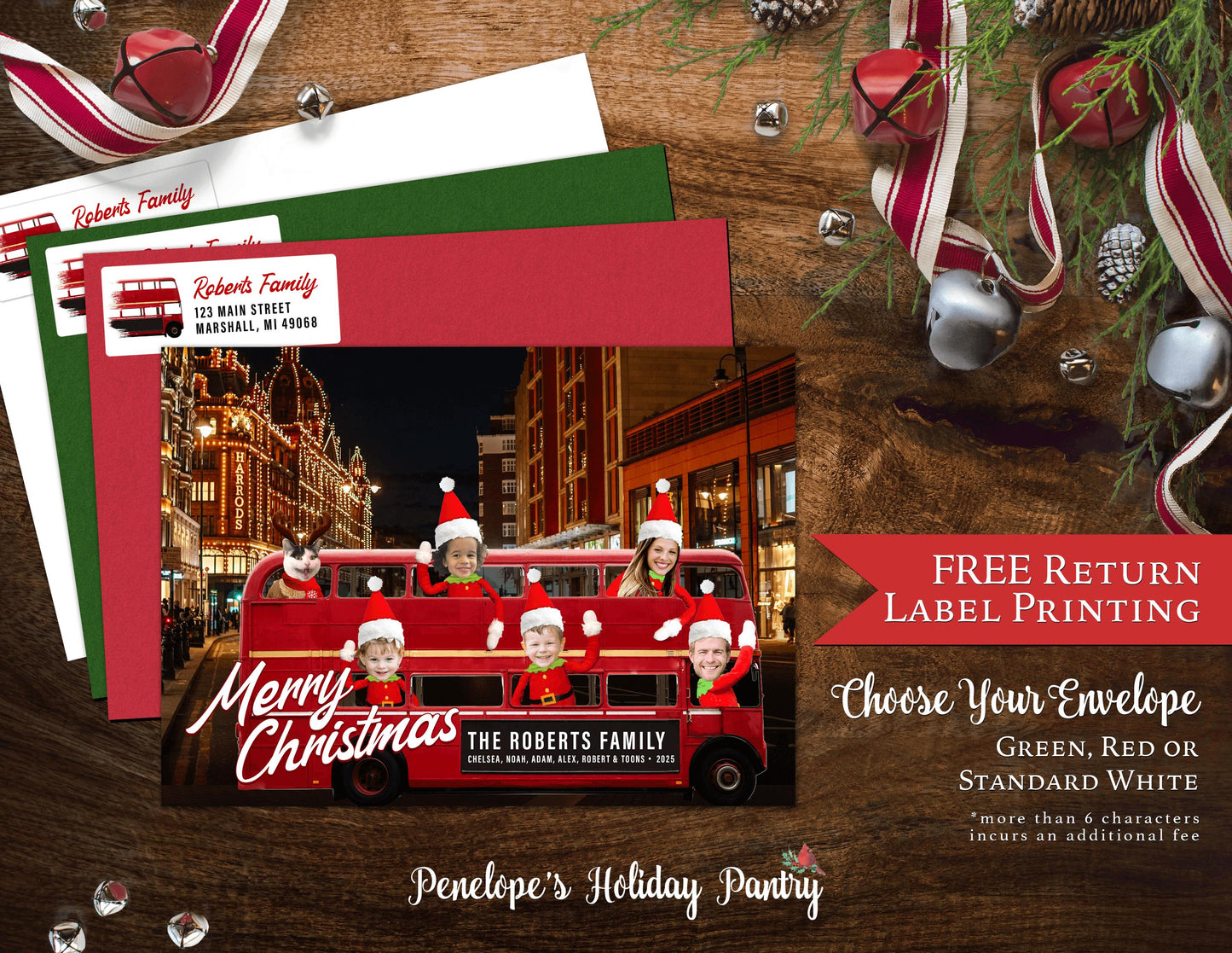 Personalized Funny London Double Decker Bus Christmas Family Photo Card with Custom Text Double-Sided Print  Envelopes