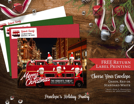 Personalized Funny London Double Decker Bus Christmas Family Photo Card with Custom Text Double-Sided Print  Envelopes