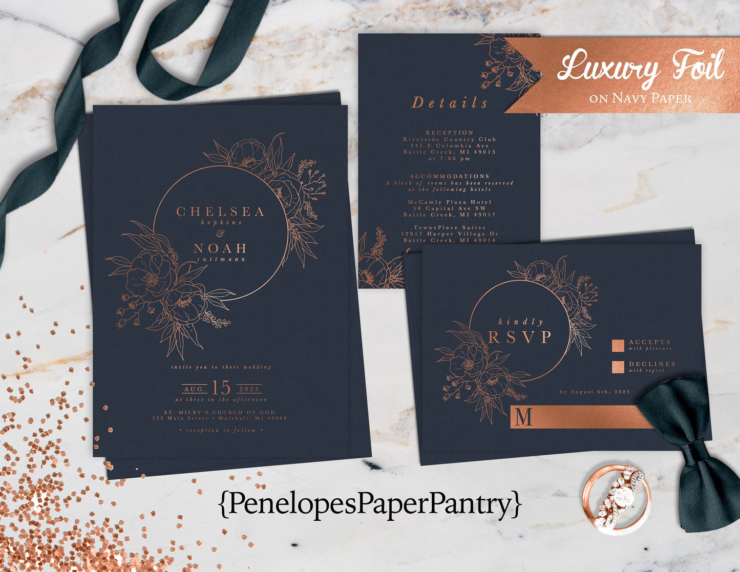 Luxury Copper Foil Floral Wreath on Navy Paper Traditional Wedding Invitation, Sets, or Suite