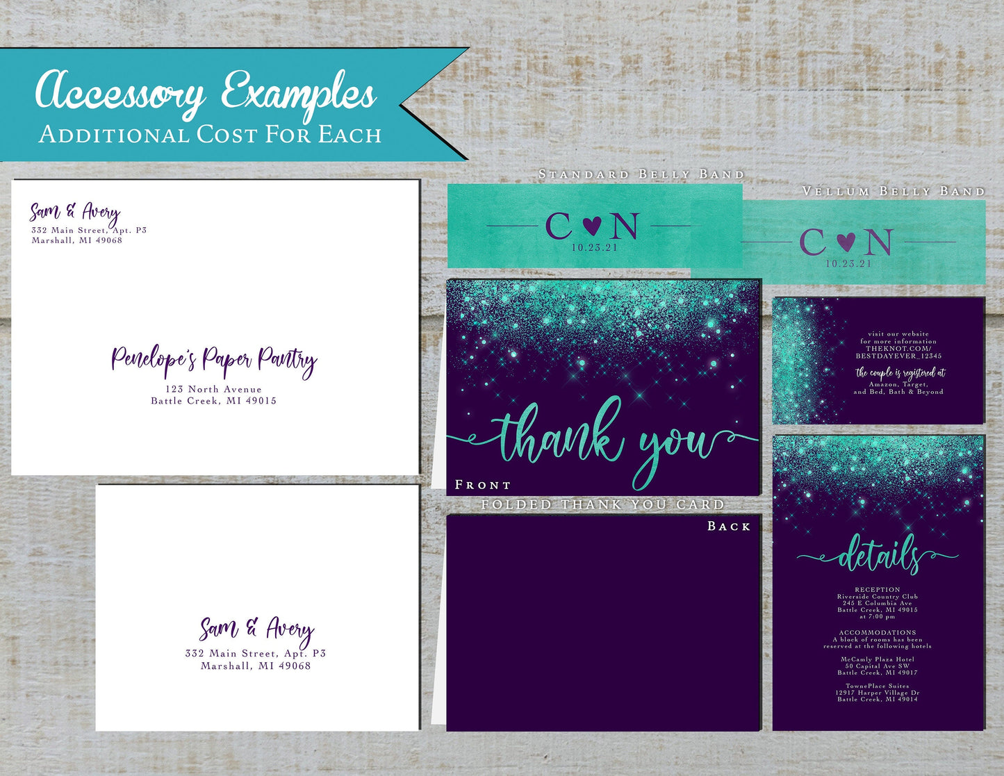 Teal Faux Glitter with Purple Background Traditional Wedding Invitation, Sets, or Suite