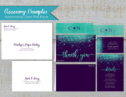 Teal Faux Glitter with Purple Background Traditional Wedding Invitation, Sets, or Suite