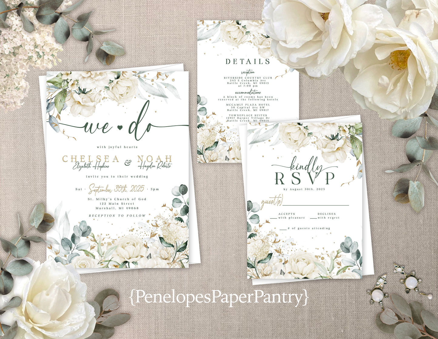 White Rose Florals on White Background Summer Wedding Invitation, Set, or Suite