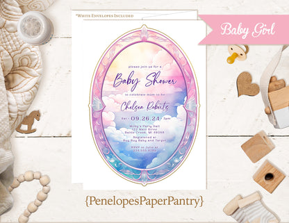 Heaven Sent Gender Neutral Baby Shower Invitation Personalized Gold Foil Clouds Shimmery Custom Text Printed Invitations Envelopes Included