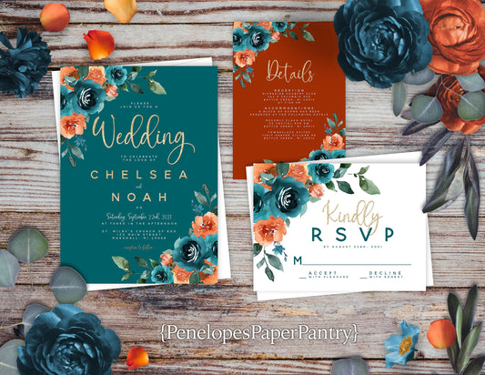 Elegant Floral Fall Wedding Invitation – Teal, Burnt Orange & Gold – Shimmery Personalized Invite with Envelope & Optional RSVP