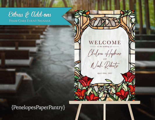 Red Rose Stained Glass Wedding Welcome Sign Personalized Multiple Sizes Foam Core Custom Made To Match Printed Reception Decor Seating Chart