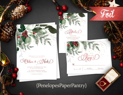 Simple Elegant Winter Wedding Invitation – Holly, Evergreens, Red Foil Calligraphy, Custom Printed with Envelopes Included
