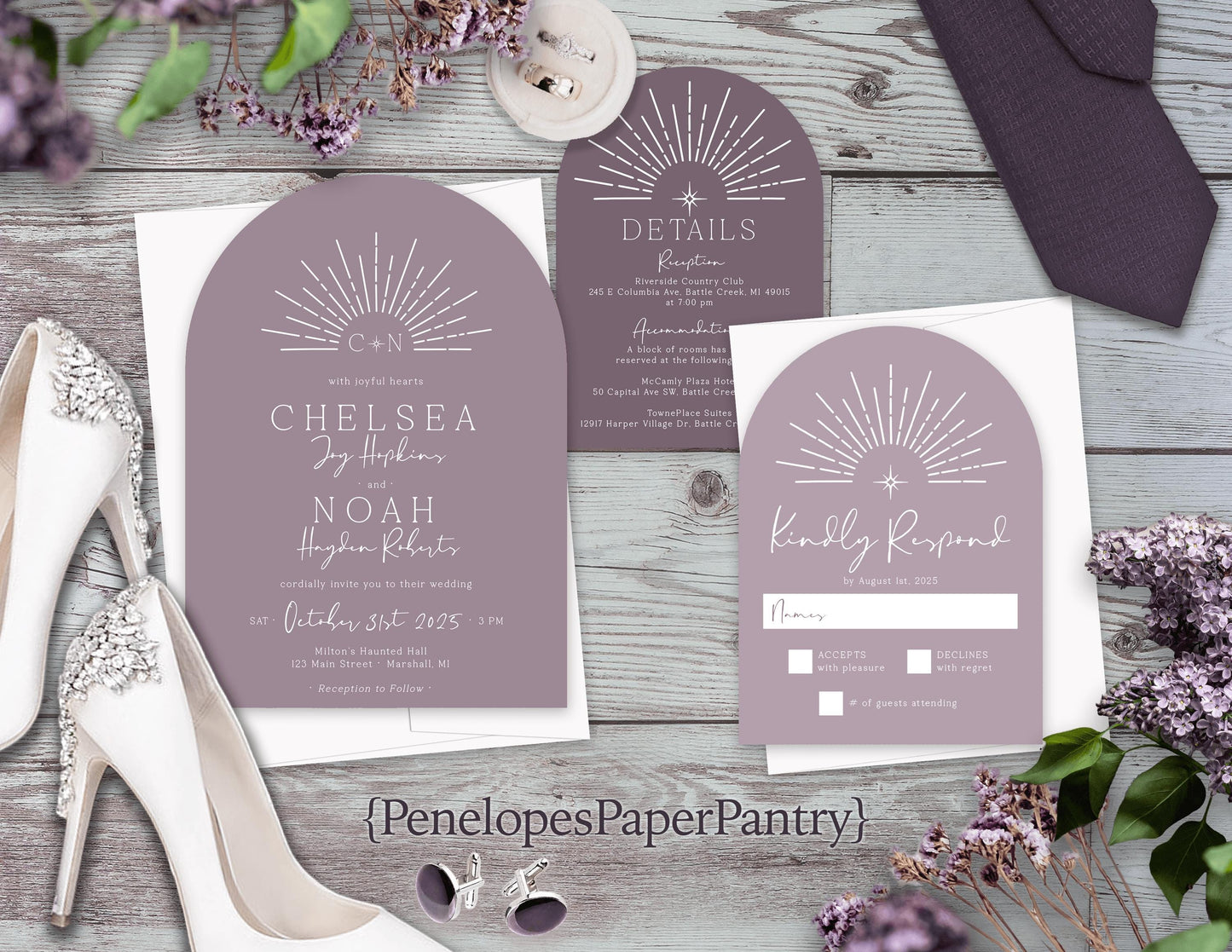 Dusty Purple Arch Wedding Invitation,Personalized,Purple Wedding Invite,Sunburst,Lavender Invite,Calligraphy,Printed Invite,Envelopes,Custom