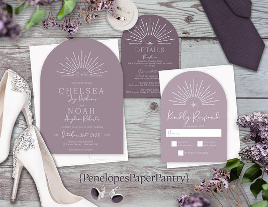 Dusty Purple Arch Wedding Invitation,Personalized,Purple Wedding Invite,Sunburst,Lavender Invite,Calligraphy,Printed Invite,Envelopes,Custom