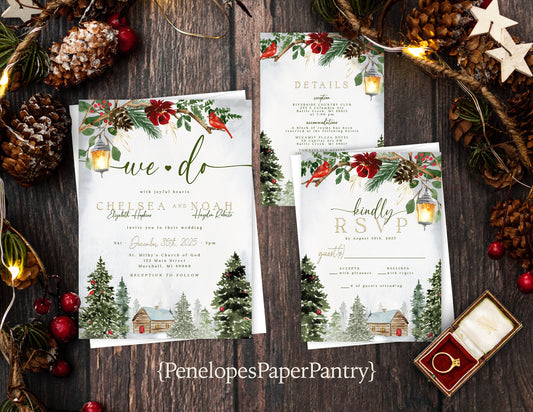 Rustic Winter Wedding Invitation – Evergreen Trees, Log Cabin, Red Cardinal, Shimmery Calligraphy, Custom Printed with Envelopes Included