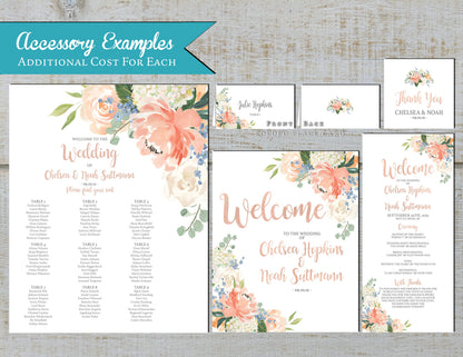 Peach and Ivory Rose Florals on White Background Summer Wedding Invitation, Set, or Suite