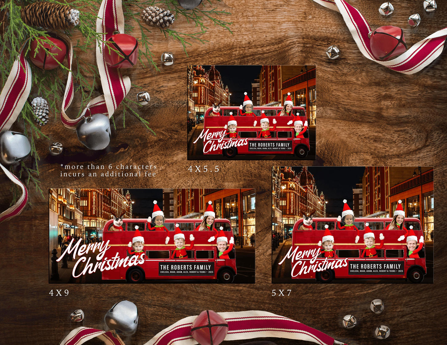 Personalized Funny London Double Decker Bus Christmas Family Photo Card with Custom Text Double-Sided Print  Envelopes