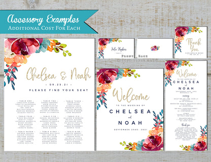 Elegant Bright Floral Summer Wedding Invitation Personalized Tropical Hot Colors Gold Print Shimmery Printed Invitation Envelope Included