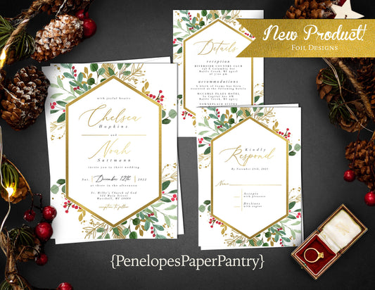 Pine and Holly Frame with Gold Foil Border Winter Wedding Invitation, Set, or Suite