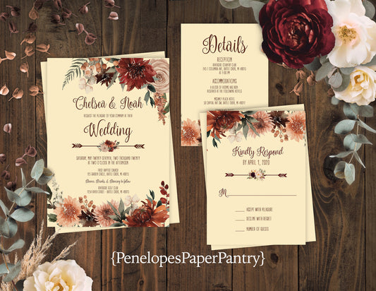 Burgundy and Terracotta Floral on Ivory Paper Fall Wedding Invitation, Set, or Suite