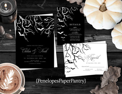 Halloween Black and White Bats and Haunted Forest Fall Wedding Invitation, Set, or Suite