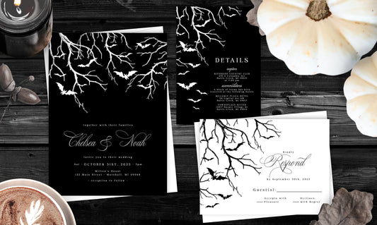 Personalized Halloween Wedding Invitation – Gothic Haunted Forest Design with Bats & Envelopes