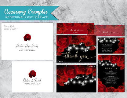 Red Florals and String Lights with Black Background Rose Wedding Invitation, Set, or Suite