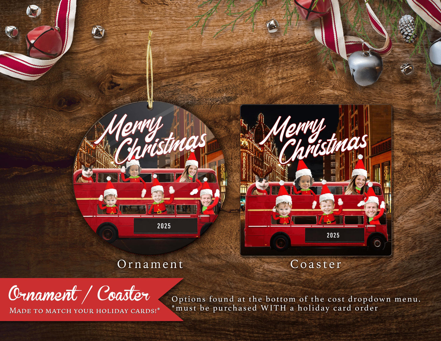 Personalized Funny London Double Decker Bus Christmas Family Photo Card with Custom Text Double-Sided Print  Envelopes