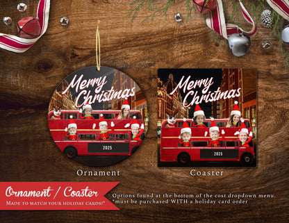 Personalized Funny London Double Decker Bus Christmas Family Photo Card with Custom Text Double-Sided Print  Envelopes