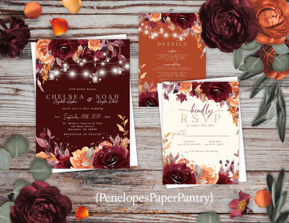 Romantic Rustic Fall Wedding Invitation – Burgundy Florals, Burnt Orange & Barn Lights – Personalized Shimmery Printed Invitations with Envelopes Included