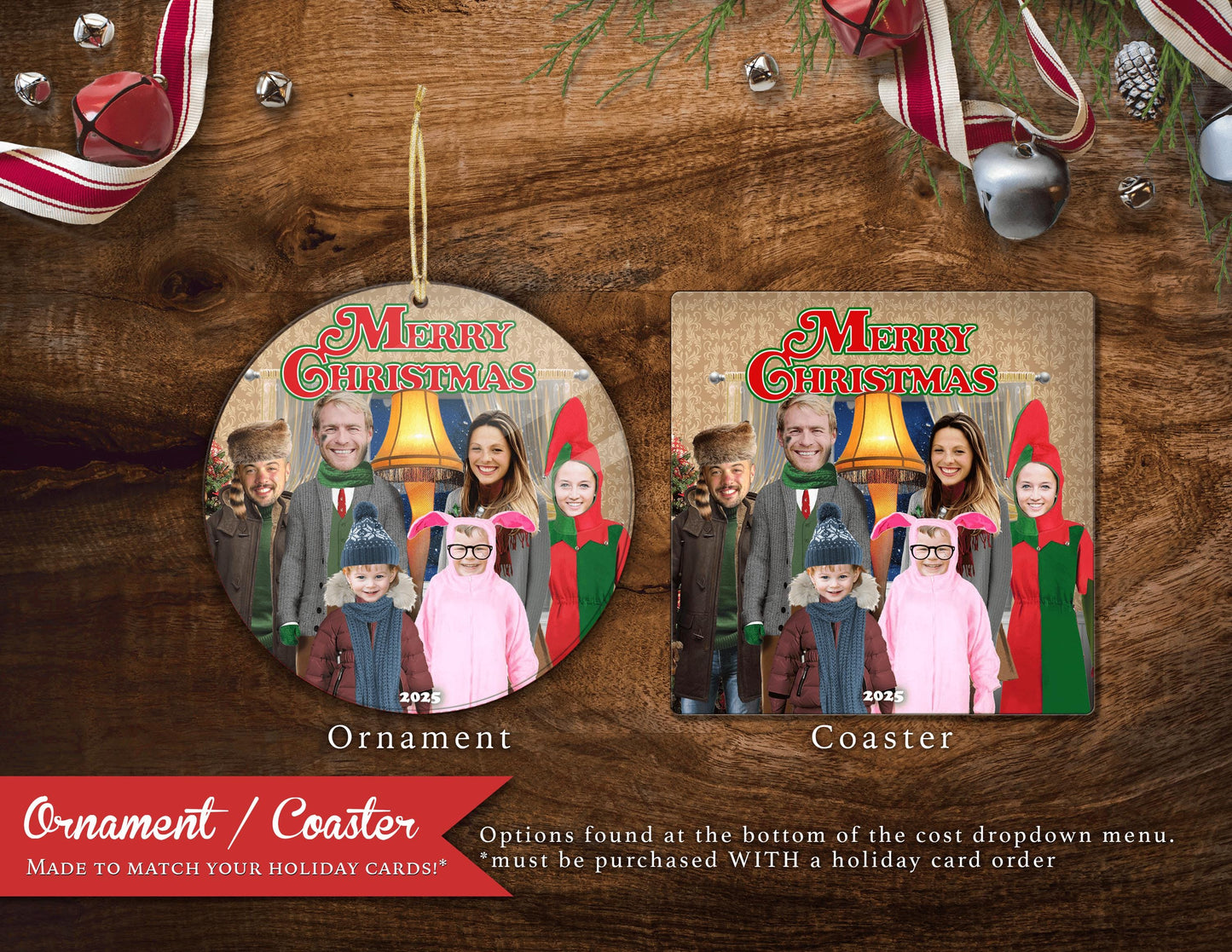 Funny A Christmas Story Family Photo Card | Personalized Ralphie Pink Bunny Pajamas & Leg Lamp