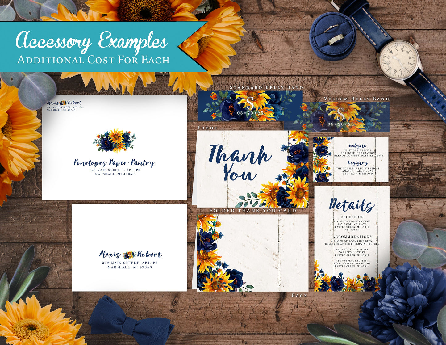 Sunflower and Navy Florals on White Wood Background Fall Wedding Invitation, Set, or Suite