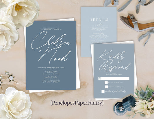 Dusty Blue Modern Summer Wedding Invitation, Set, or Suite