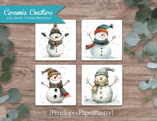 Joyful Winter Snowmen Ceramic Coaster Set of Four Christmas Decor Gift For Her Gift For Him Unique Gift Stocking Stuffer 4 Inch Tile Festive