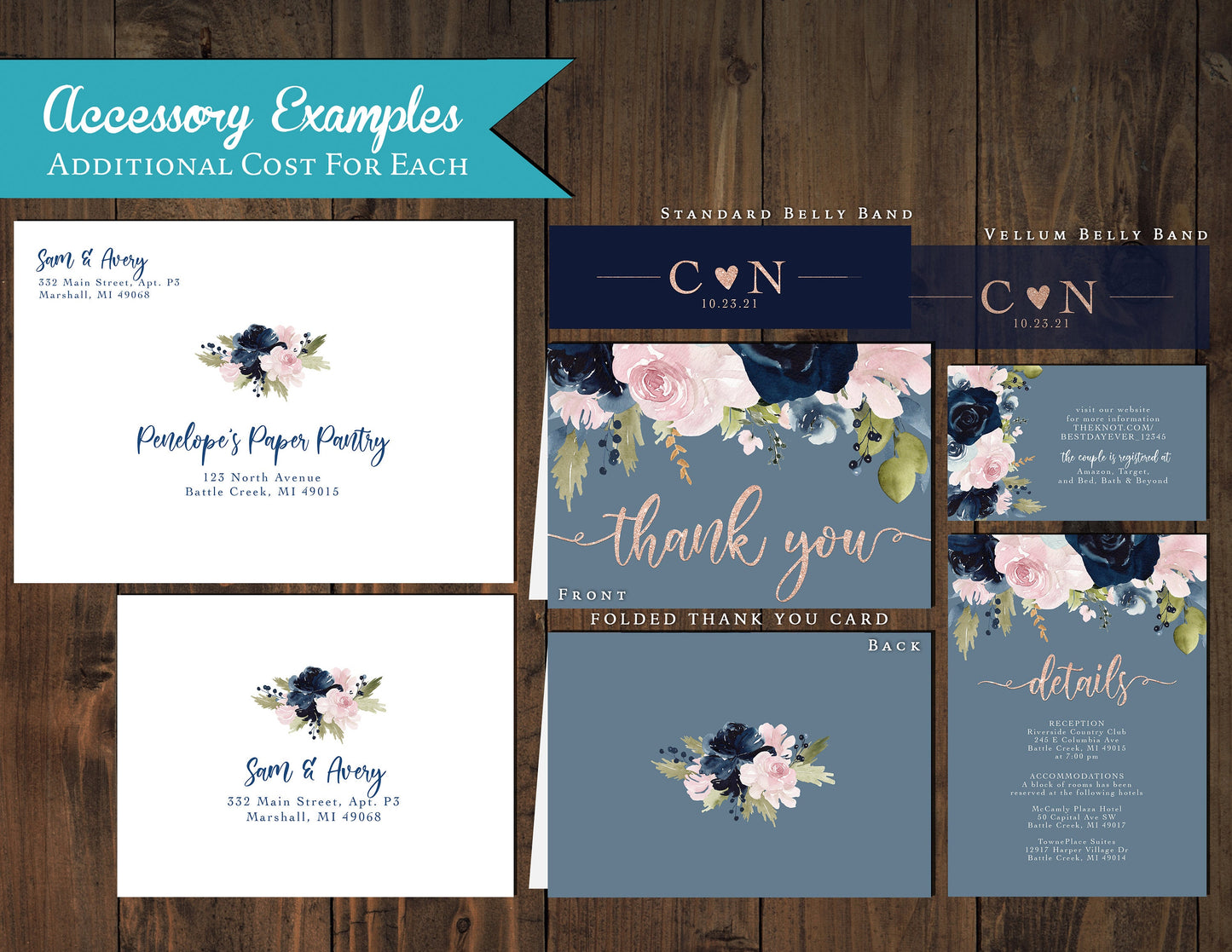 Navy Blue and Pink Florals with Faux Glitter on Dusty Blue Background Summer Wedding Invitation, Set, or Suite